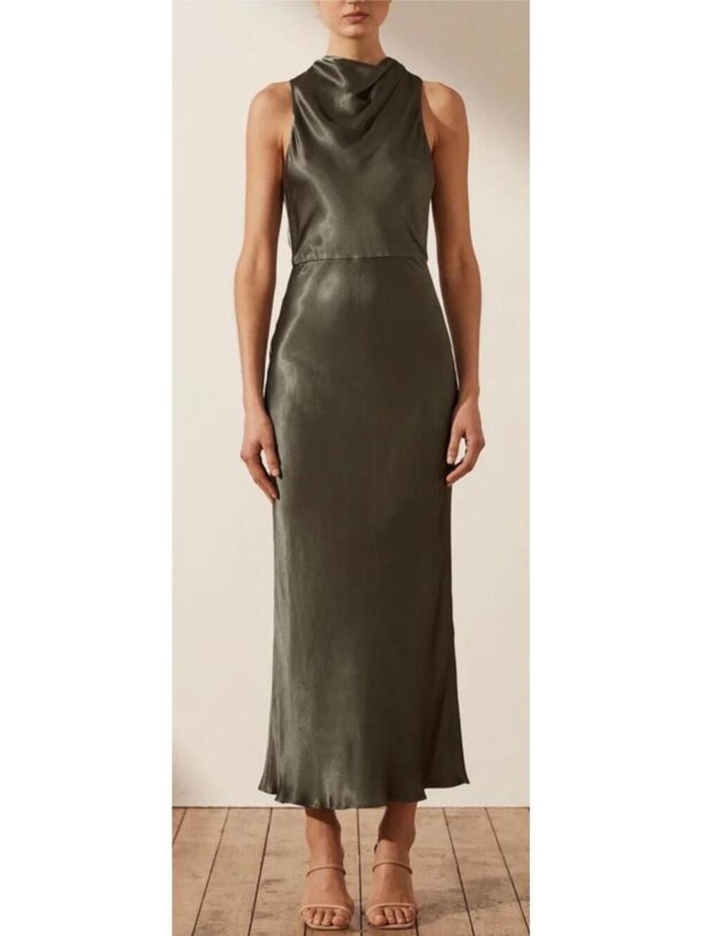 Shona Joy La Lune High Neck Bias Midi Dress Size 6 Sleeveless Olive Green NWT